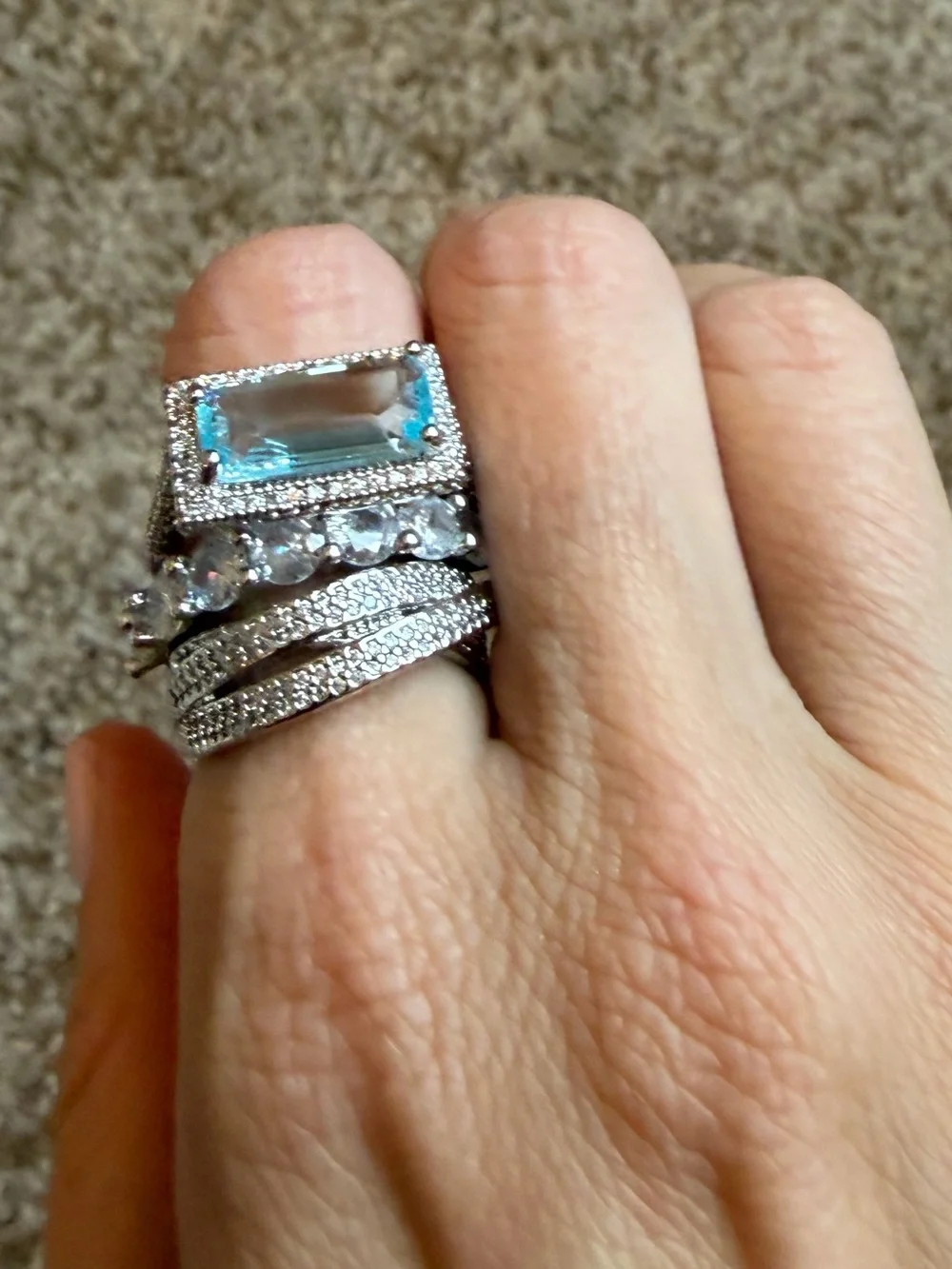 New Aquamarine Blue & Diamond 3 Ring Statement Stacked Ring Stack Set Size 7